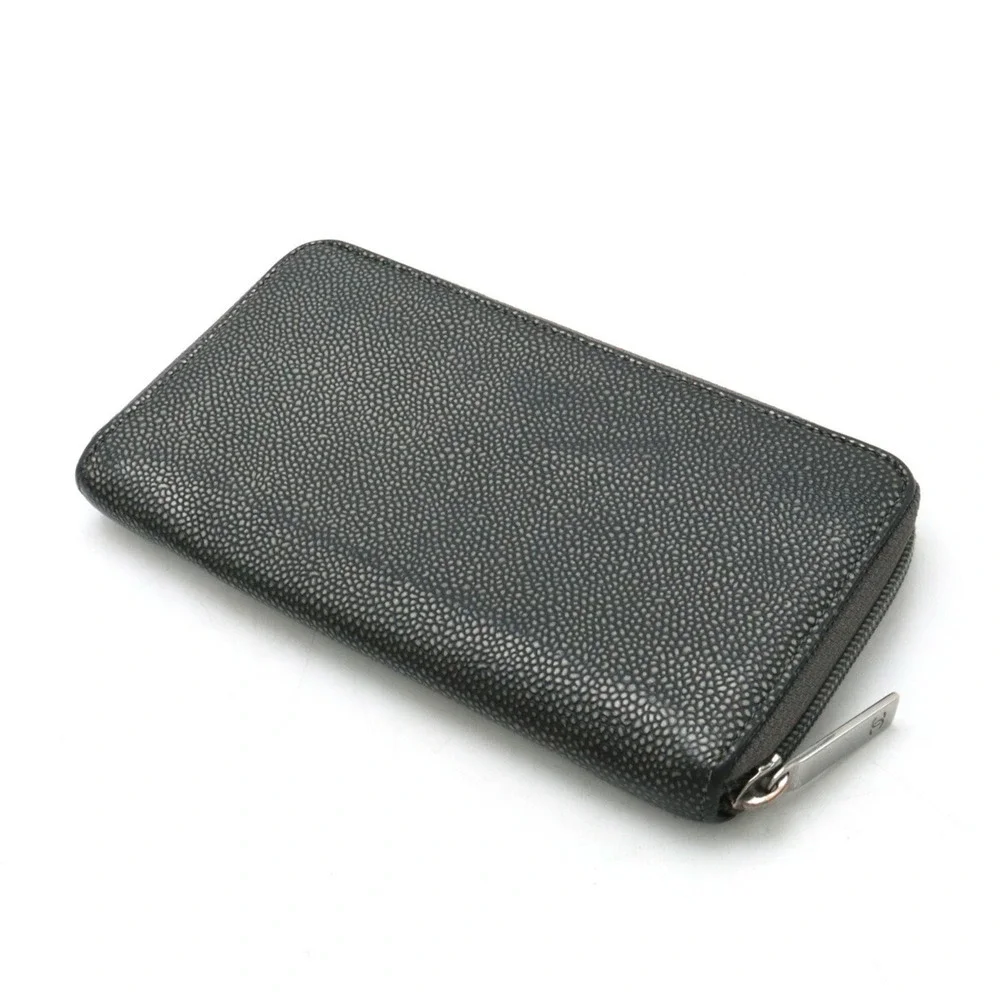 CHANEL Gray Caviar Leather Logo Wallet